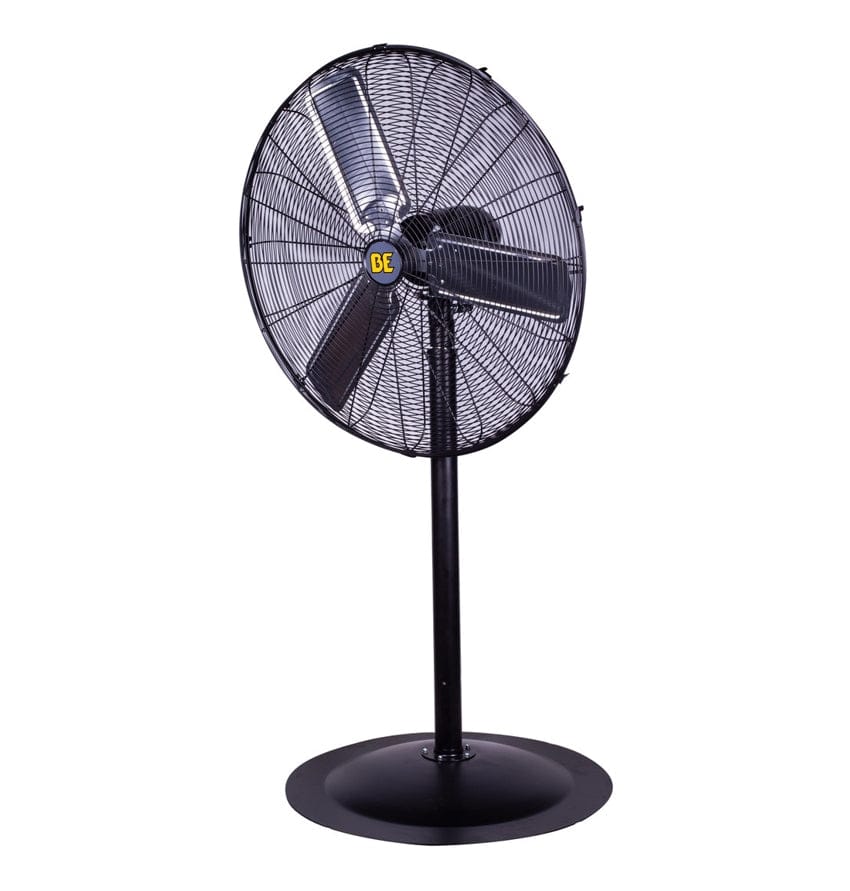 Angled studio view of the BE Power Equipment 30 inch industrial pedestal fan featuring a black steel cage and aluminum blades.