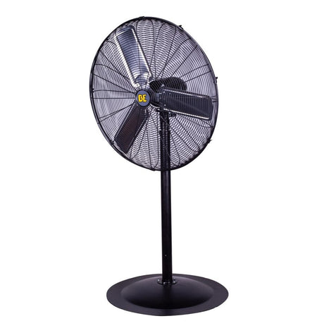 Angled studio view of the BE Power Equipment 30 inch industrial pedestal fan featuring a black steel cage and aluminum blades.