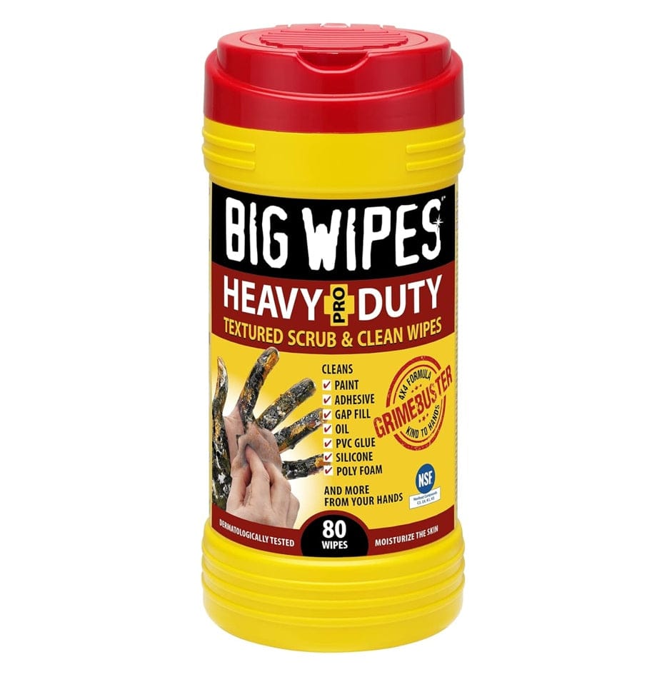 A single bright yellow tub of Big Wipes Heavy-Duty Textured Scrub & Clean Wipes with a red top, displaying the product label with key features and a "Grimebuster" logo.
