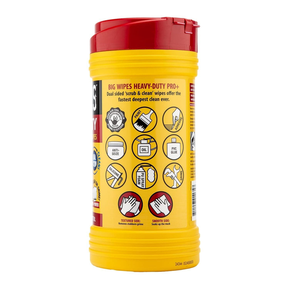 Side view of a Big Wipes tub, with graphics illustrating substances the wipes remove (paint, oil, silicone, adhesive, PVC glue, PU foam) and a diagram showing the textured and smooth sides of the wipe.