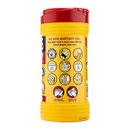 Side view of a Big Wipes tub, with graphics illustrating substances the wipes remove (paint, oil, silicone, adhesive, PVC glue, PU foam) and a diagram showing the textured and smooth sides of the wipe.