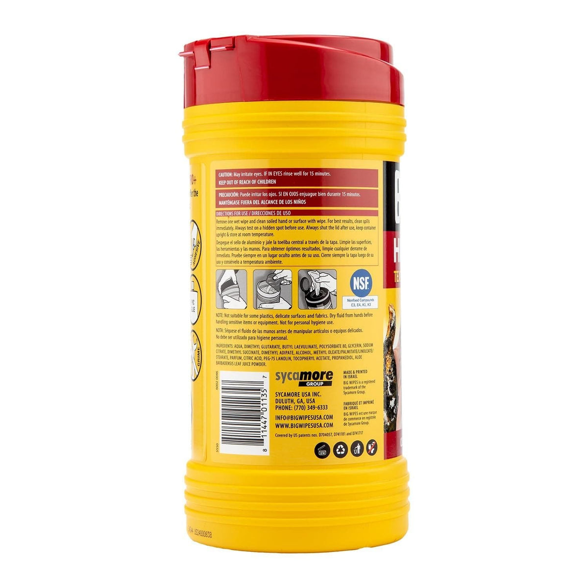 Back view of a Big Wipes tub, showing product warnings, usage directions in English and Spanish, ingredients, company information, and certifications.