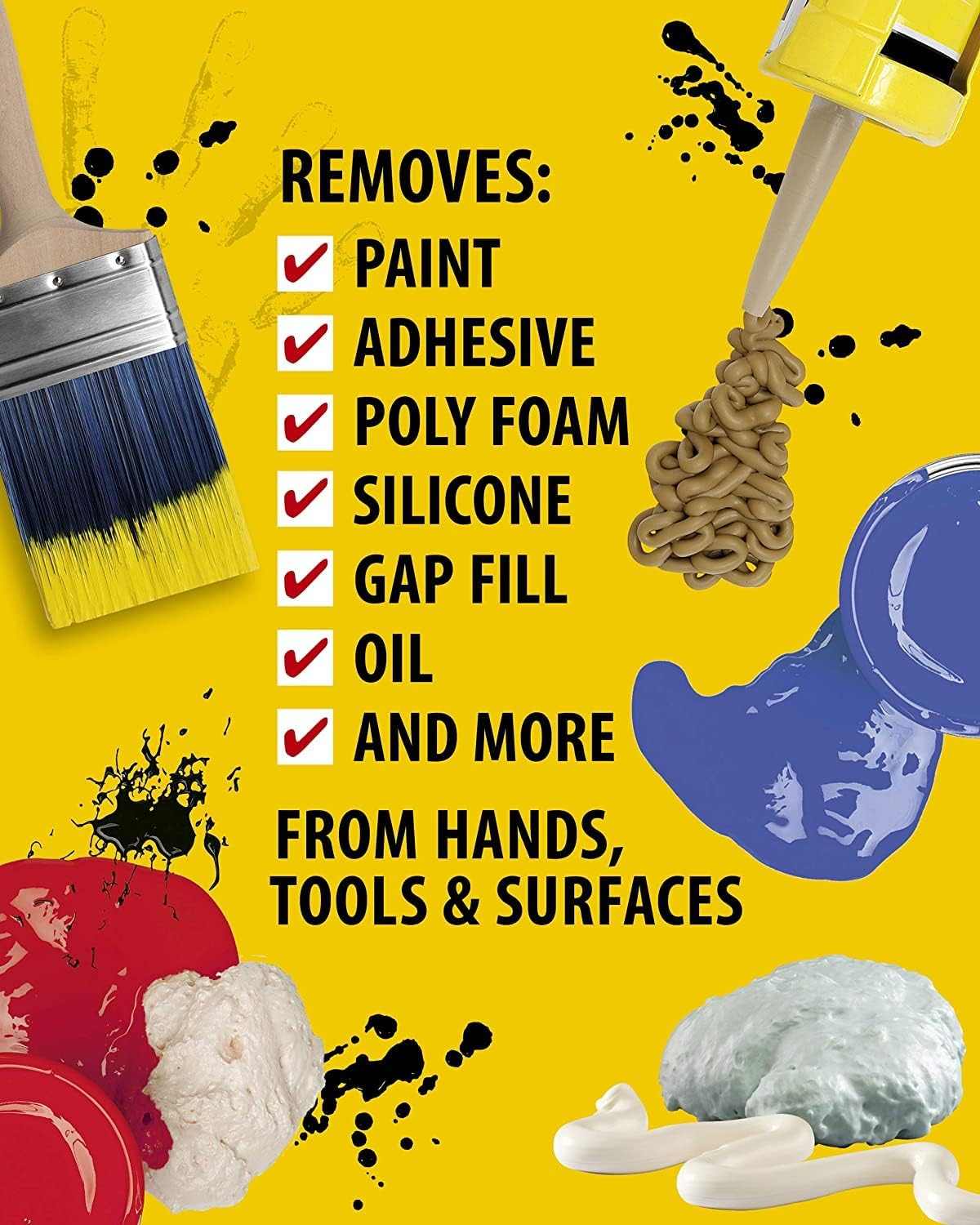 A graphic on a yellow background listing "REMOVES: Paint, Adhesive, Poly Foam, Silicone, Gap Fill, Oil, and more" with visual examples of messy paintbrushes, caulk, and sticky substances.