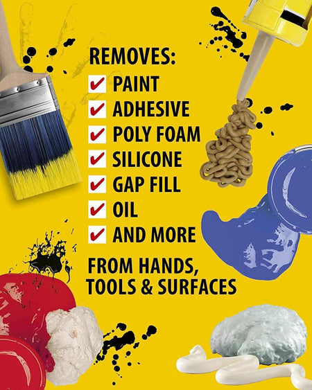 A graphic on a yellow background listing "REMOVES: Paint, Adhesive, Poly Foam, Silicone, Gap Fill, Oil, and more" with visual examples of messy paintbrushes, caulk, and sticky substances.