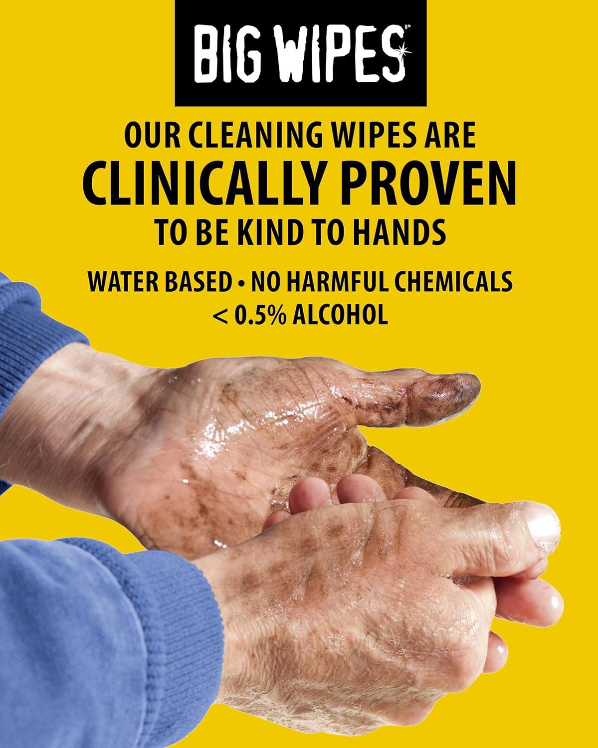A graphic on a yellow background with "BIG WIPES" and text stating "OUR CLEANING WIPES ARE CLINICALLY PROVEN TO BE KIND TO HANDS. WATER BASED NO HARMFUL CHEMICALS < 0.5% ALCOHOL", showing hands covered in dirt being gently rubbed.