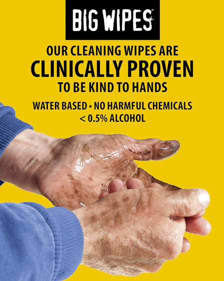 A graphic on a yellow background with "BIG WIPES" and text stating "OUR CLEANING WIPES ARE CLINICALLY PROVEN TO BE KIND TO HANDS. WATER BASED NO HARMFUL CHEMICALS < 0.5% ALCOHOL", showing hands covered in dirt being gently rubbed.