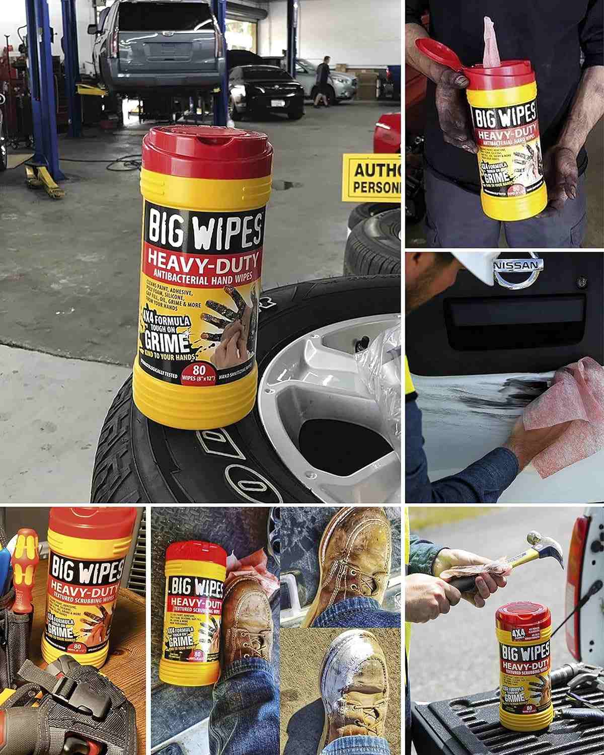 A collage of images showing Big Wipes being used in various industrial settings, including a garage, a worker cleaning hands, wiping down a surface, and cleaning boots and tools.