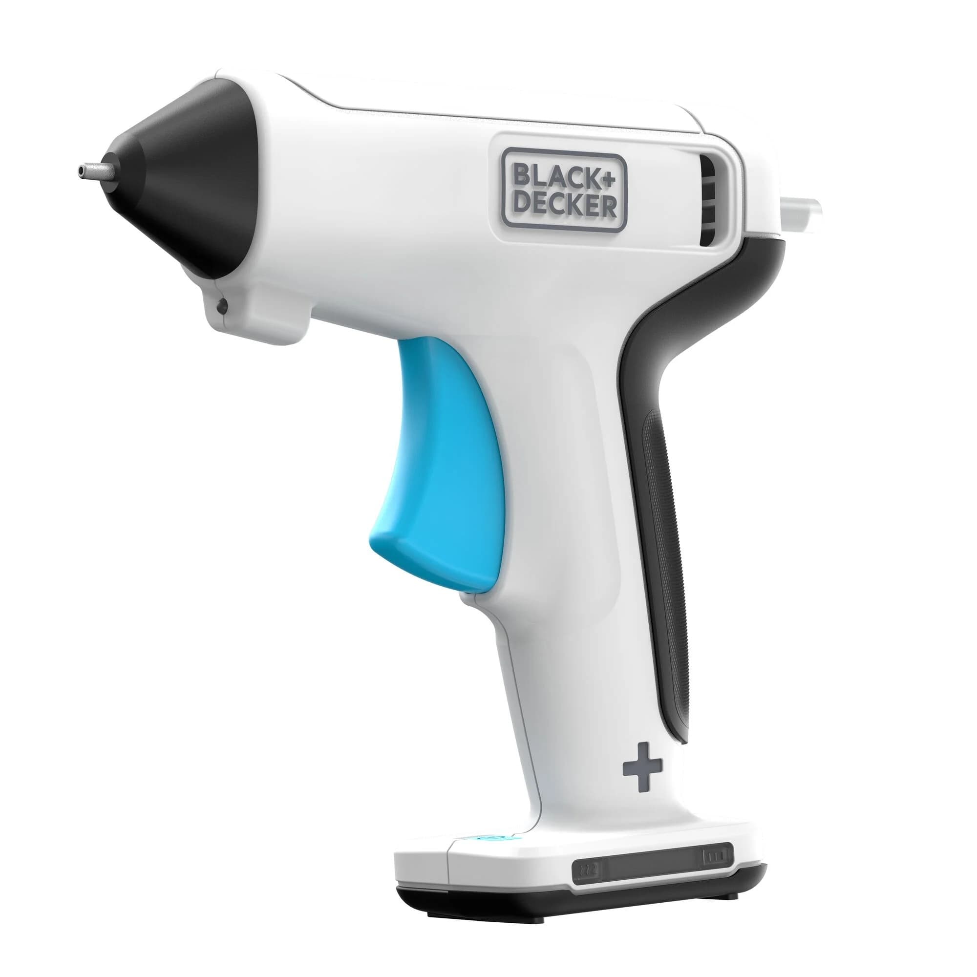 Side profile of the white and black BLACK+DECKER 4V MAX cordless USB rechargeable hot glue gun BCGL115FF for crafting and DIY repairs.