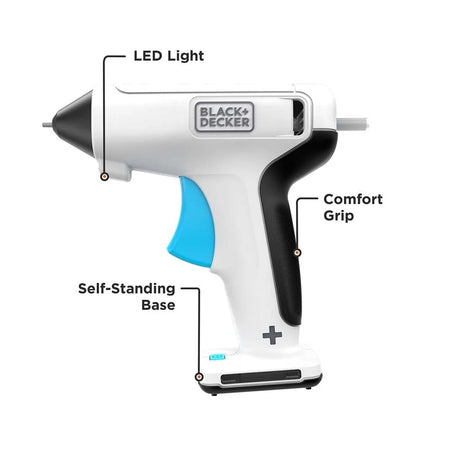 Features diagram of the BLACK+DECKER cordless hot glue gun highlighting the integrated LED light, soft comfort grip, and stable self-standing base.