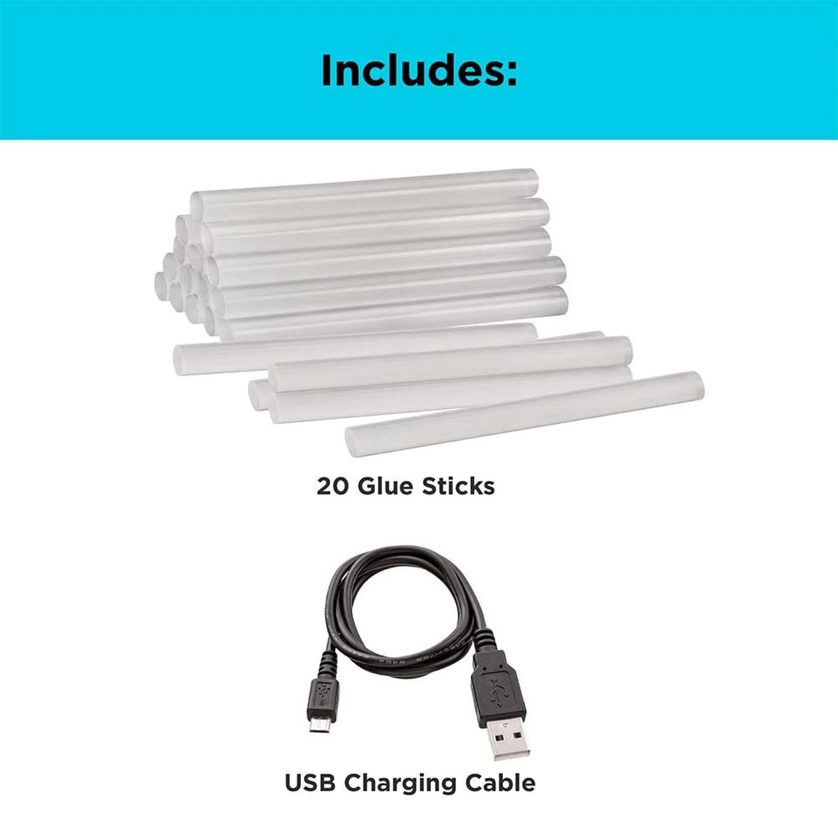 Included accessories for the BLACK+DECKER BCGL115FF kit showing 20 clear mini hot glue sticks and a black USB charging cable.