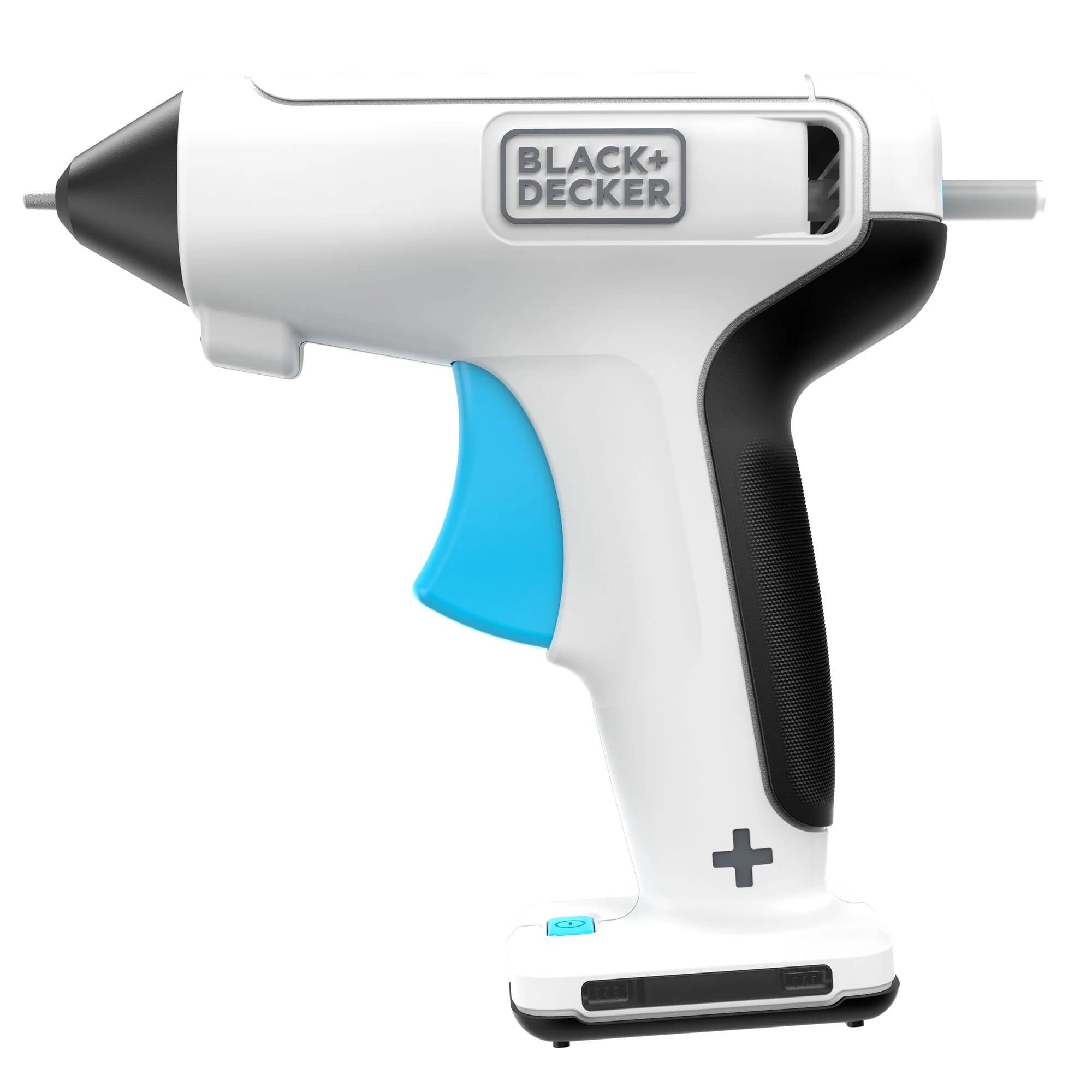 Angled view of the BLACK+DECKER USB rechargeable hot glue gun showing the sleek white body, black comfort grip handle, and bright blue trigger.