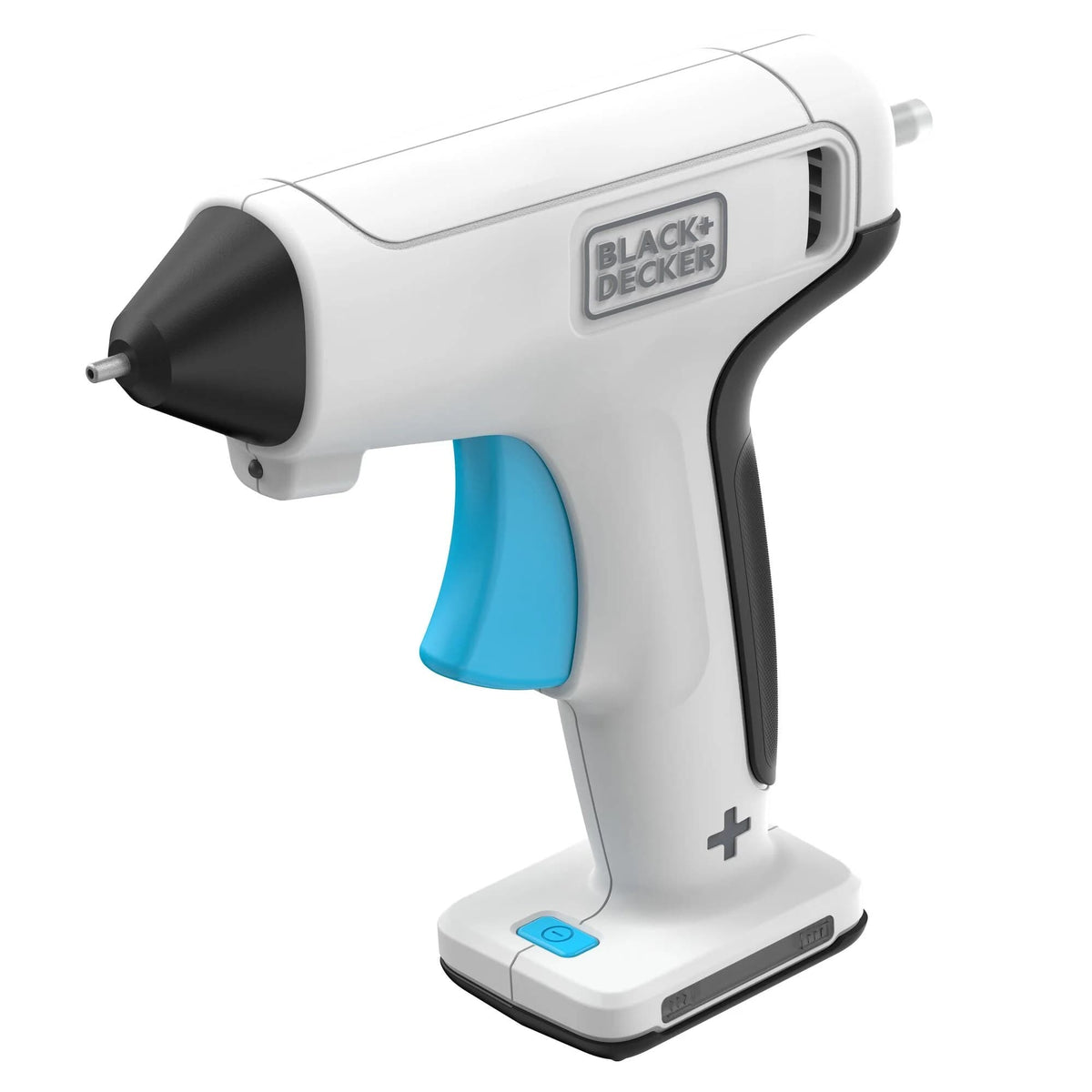Three-quarter view of the BLACK+DECKER cordless craft glue gun showcasing the precision heat nozzle and the convenient self-standing base.