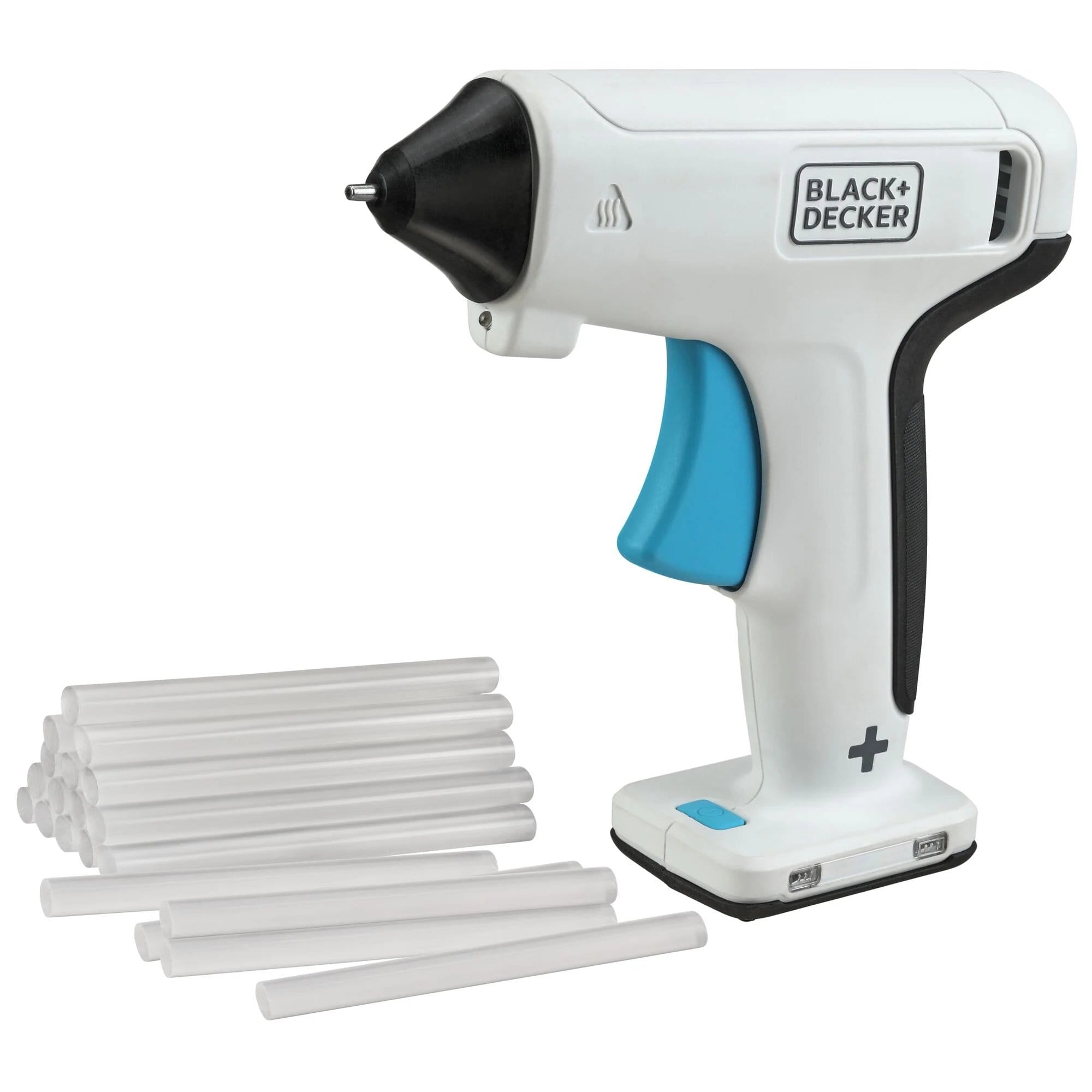 The BLACK+DECKER 4V MAX cordless glue gun standing upright next to a neatly stacked pile of the 20 included clear mini glue sticks.