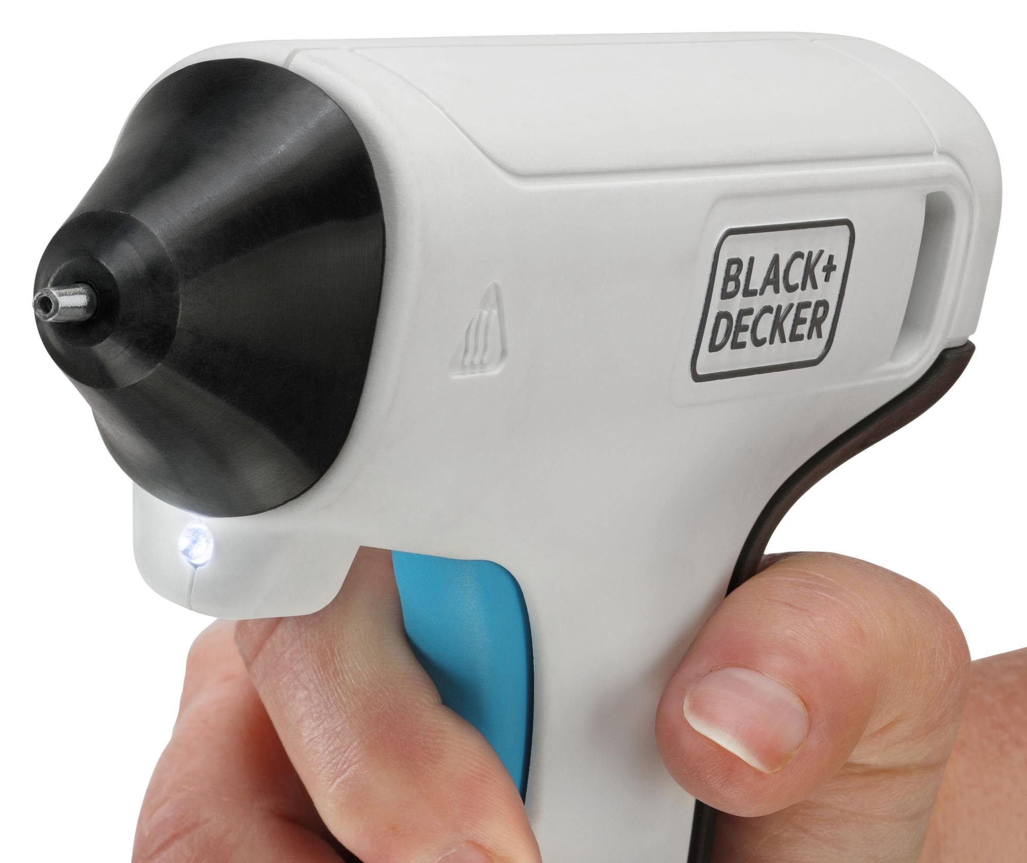 Close up view of a hand gripping the BLACK+DECKER USB rechargeable hot glue gun, highlighting the bright integrated LED light directly under the nozzle.