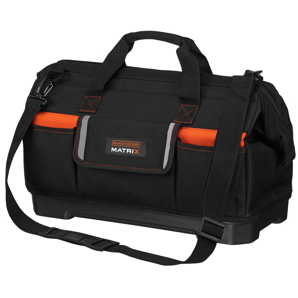 Exterior view of the BLACK+DECKER 21-inch wide-mouth Matrix tool bag featuring a heavy-duty black fabric construction with orange accents, multiple external storage pockets, a reinforced plastic base, and an adjustable padded shoulder strap for comfortable transport.