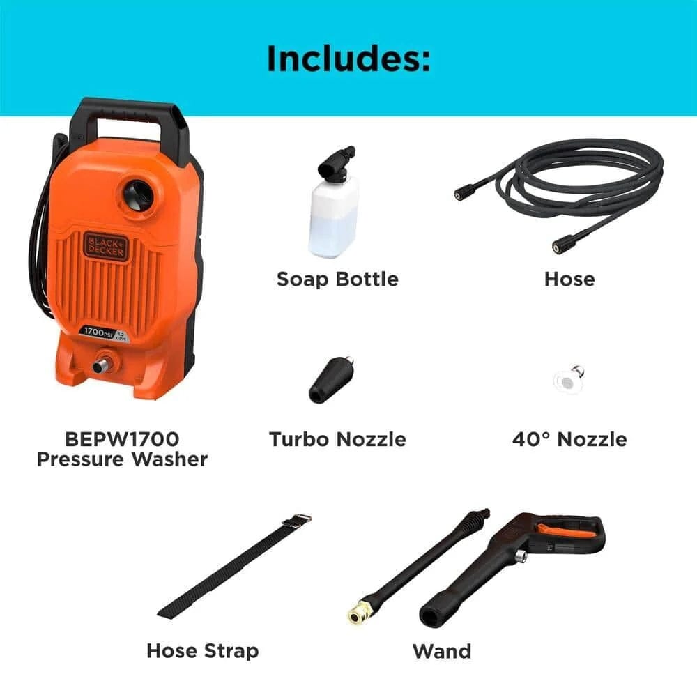 Labeled layout of BLACK+DECKER BEPW1700 pressure washer components including the main unit, turbo nozzle, 40° nozzle, soap bottle, hose, wand, gun, and hose strap.