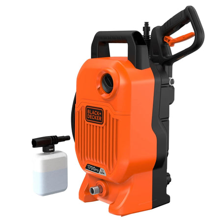 Close-up of the BLACK+DECKER BEPW1700 pressure washer showing its orange body, top handle, trigger gun, and detergent bottle. The PSI rating is clearly displayed on the front.