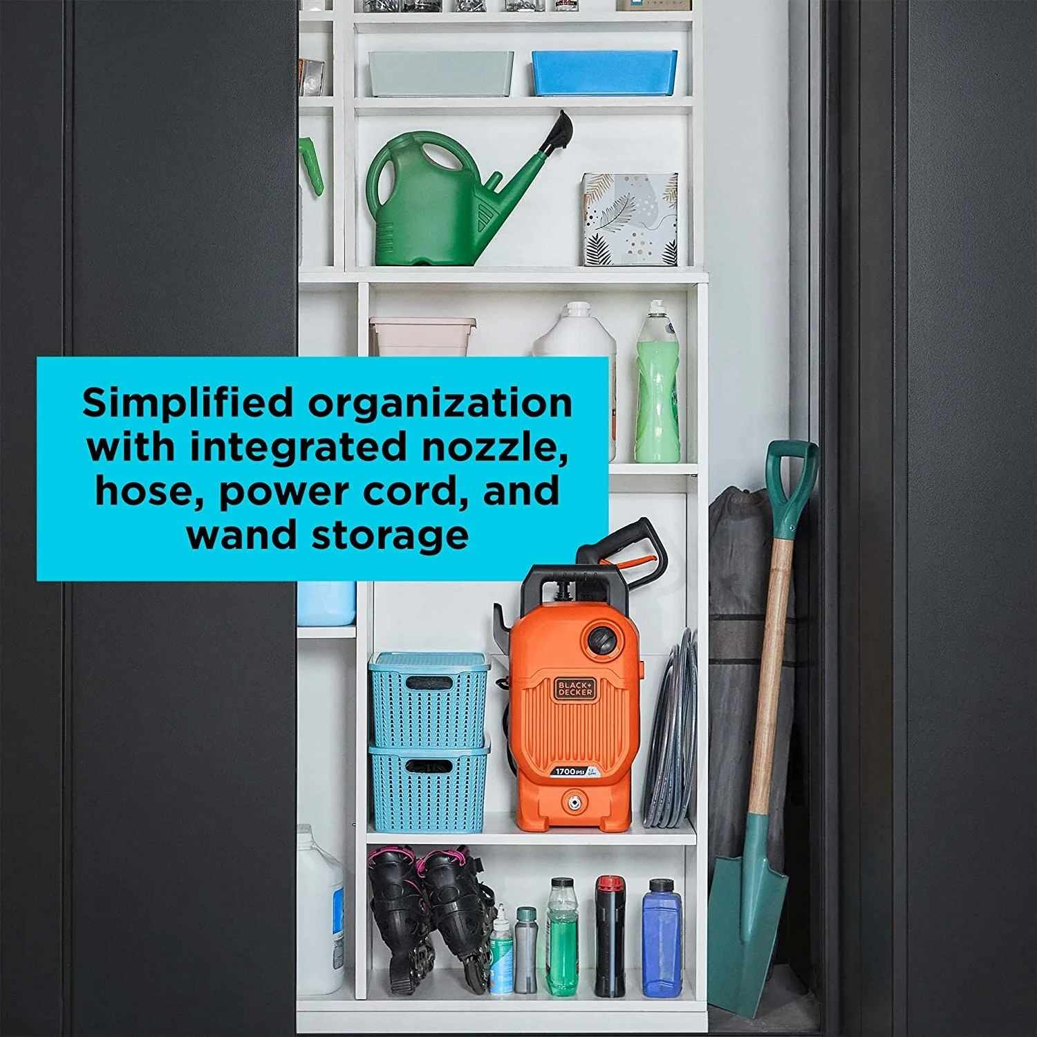 A storage cabinet displays a BLACK+DECKER pressure washer with accessories neatly organized, including hose, wand, power cord, and nozzles. Gardening and cleaning tools are stored alongside.