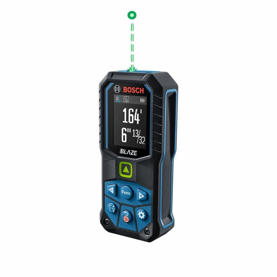 The Bosch BLAZE 165-foot green laser distance measure, showing its color screen displaying a measurement and a graphic of the green laser beam emitting from the top.
