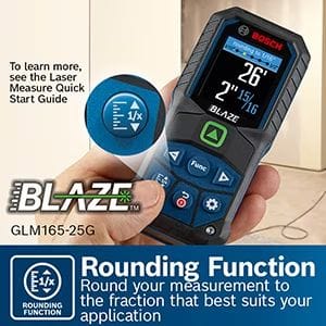 A hand holds the Bosch BLAZE laser measure, with a callout graphic explaining the Rounding Function, which rounds your measurement to the fraction that best suits your application.
