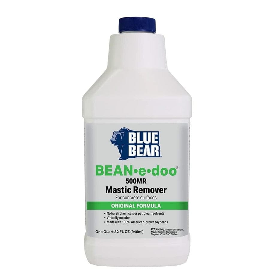 Front label of the quart-sized white bottle of BLUE BEAR BEAN-e-doo 500MR Mastic Remover for Concrete Surfaces, emphasizing its soy-based, low-odor, and original formula.
