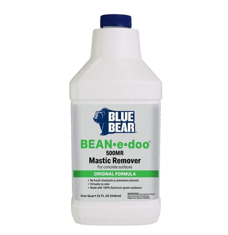 Front label of the quart-sized white bottle of BLUE BEAR BEAN-e-doo 500MR Mastic Remover for Concrete Surfaces, emphasizing its soy-based, low-odor, and original formula.