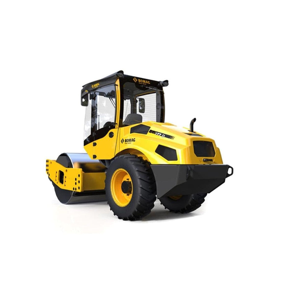 BOMAG BW 177 D-5 yellow single drum vibratory roller with front steel drum, rear tires, and enclosed cab, designed for compacting soil and asphalt on road construction sites.