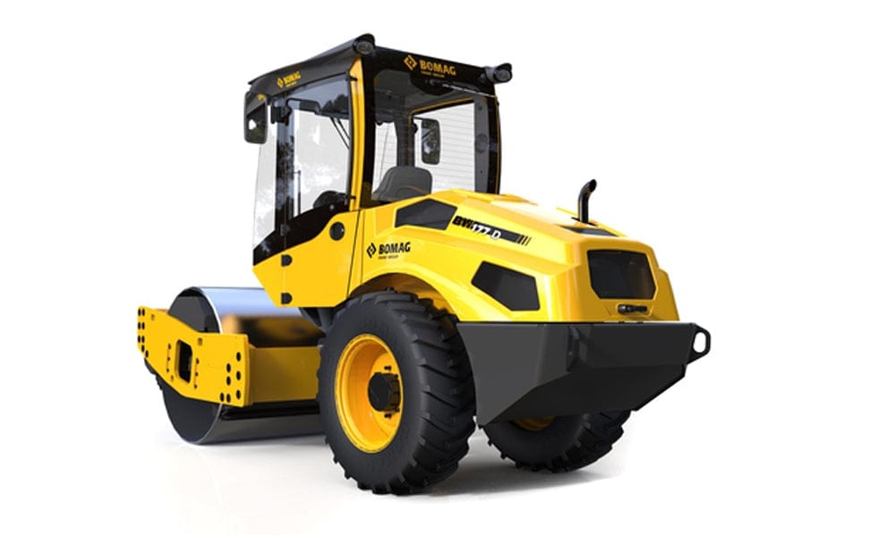 BOMAG BW 177 D-5 yellow single drum vibratory roller with front steel drum, rear tires, and enclosed cab, designed for compacting soil and asphalt on road construction sites.