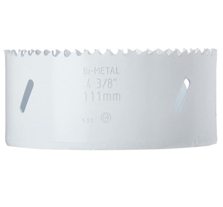 A side-profile product studio shot of the white BOSCH HB436 4-3/8 Inch Bi-Metal Hole Saw against a white background, highlighting its sharp Progressor teeth configuration along the top rim, elongated core dust and chip evacuation slots, and laser-etched model details specifying BI-METAL 4 3/8" 111mm.