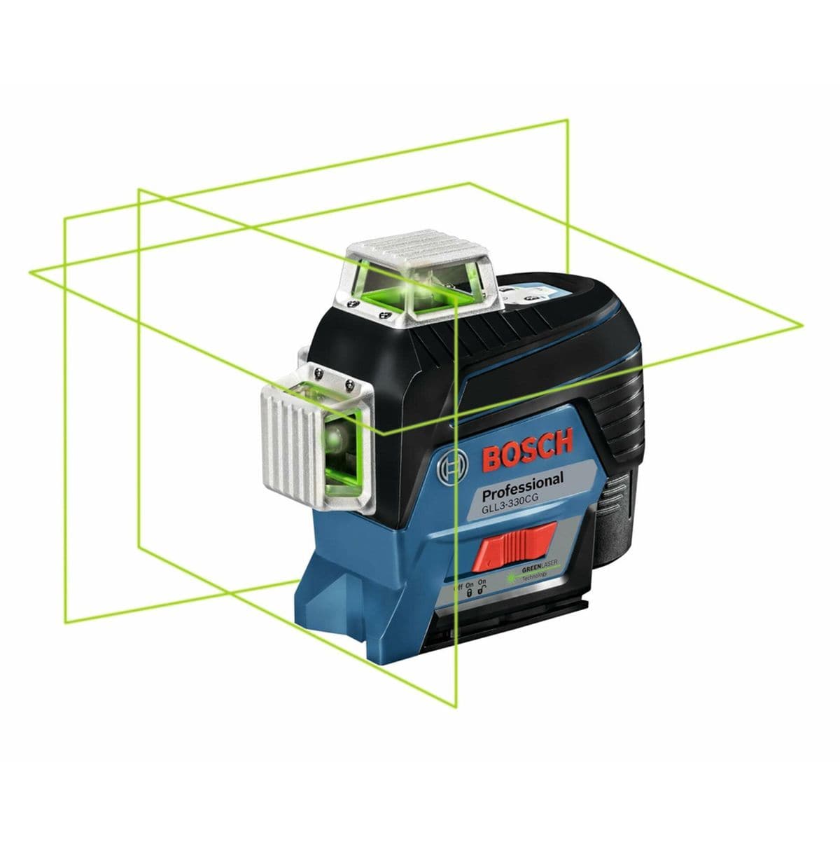 Bosch GLL3-330CG laser level emitting green laser lines in three planes, showing 360-degree coverage for horizontal and vertical alignment tasks.
