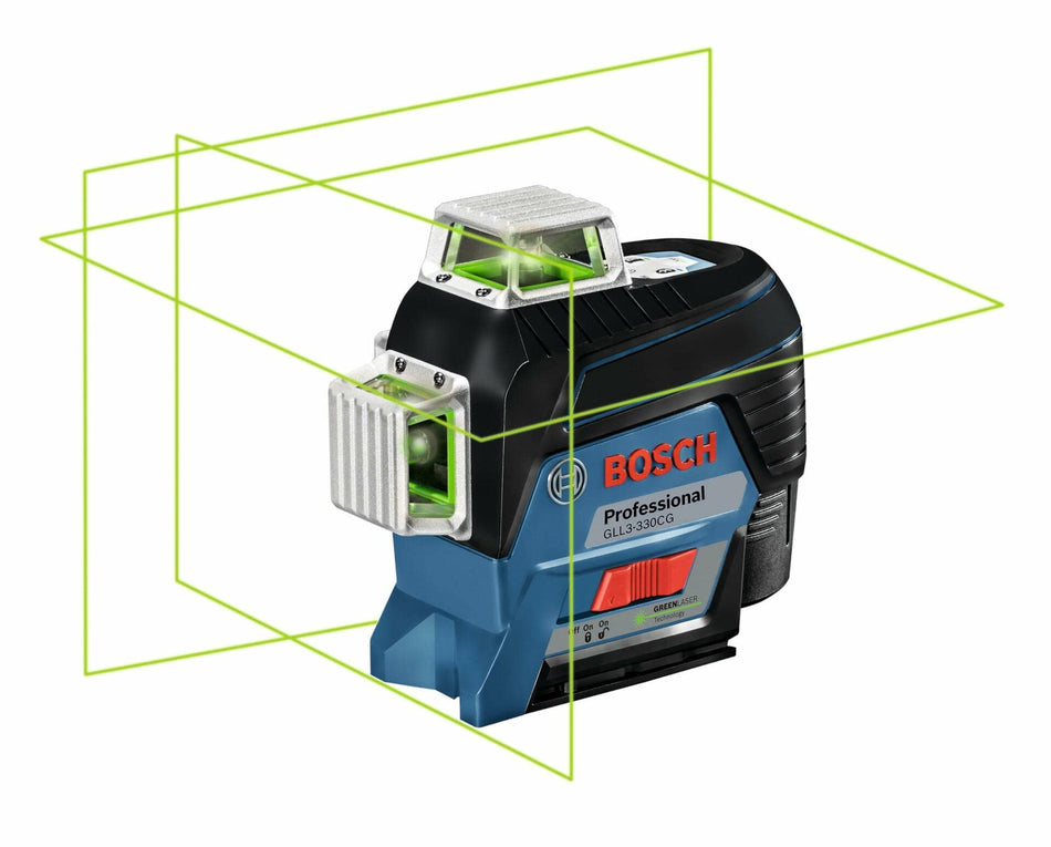 Bosch GLL3-330CG laser level emitting green laser lines in three planes, showing 360-degree coverage for horizontal and vertical alignment tasks.