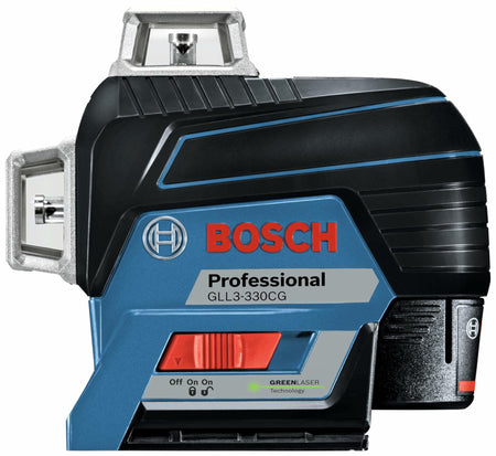 Close-up of Bosch GLL3-330CG laser level with control panel and green laser indicator, highlighting compact design and GREEN LASER Technology label.