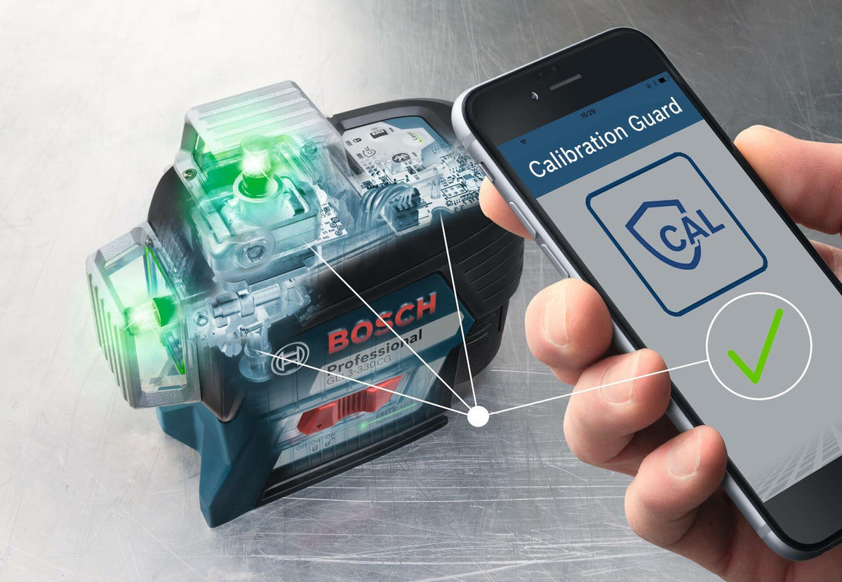 Bosch laser level wirelessly connected to a smartphone using Calibration Guard app, with internal components and green indicators visible.