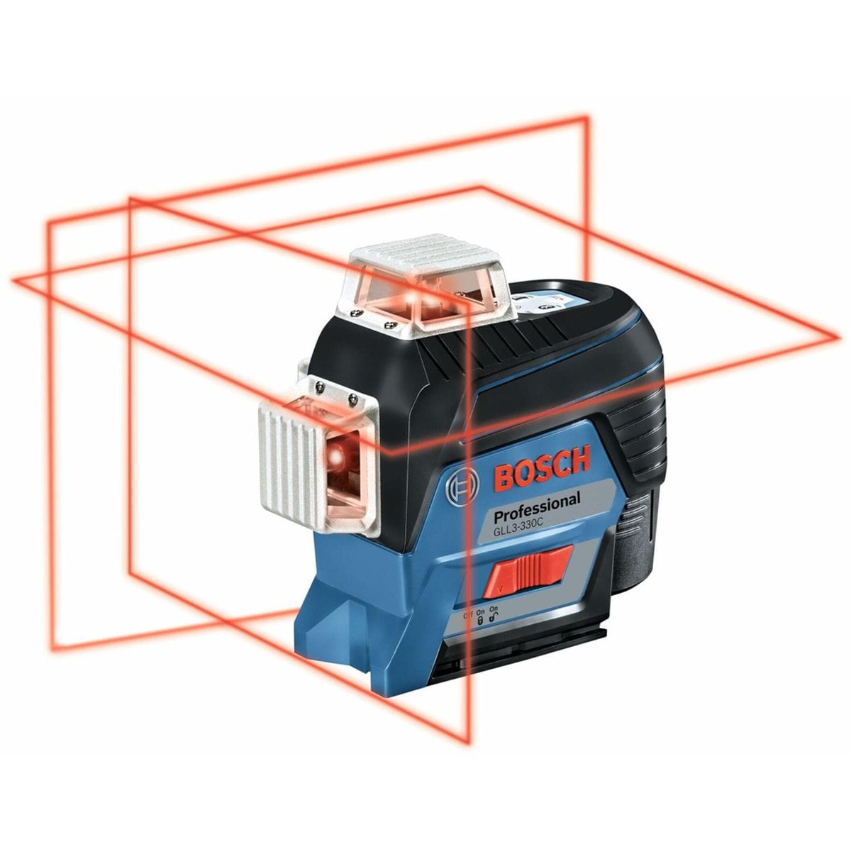 A studio image of the Bosch GLL3-330C laser with red lines graphically illustrating its three 360-degree planes (one horizontal and two vertical).