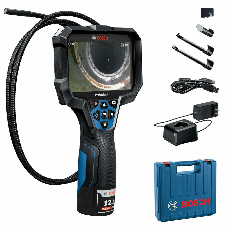 The complete Bosch GIC5-27C kit contents laid out, including the handheld borescope unit with the flexible cable, 12V battery and charger, USB-C cable, hook, mirror, magnet attachments, micro SD card, and carrying case.