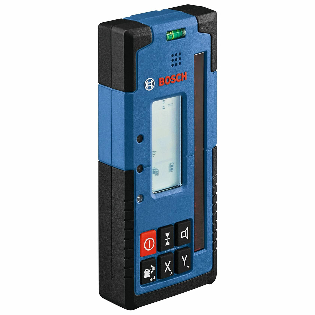 Front view of the BOSCH LR40 Rotary Laser Receiver, showing the illuminated dual-sided LCD display and the control buttons, including the X and Y-axis buttons for cut and fill calculations.