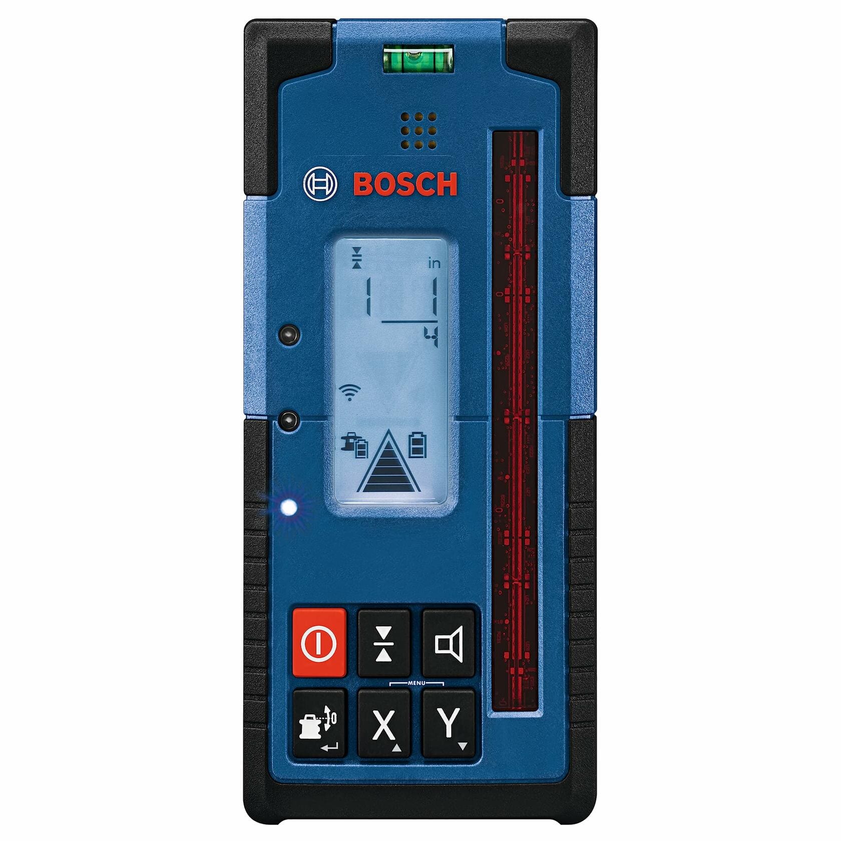 Front view of the BOSCH LR40 Rotary Laser Receiver, showing the LED indicator on the left side illuminated blue, signaling that the laser beam has been detected.