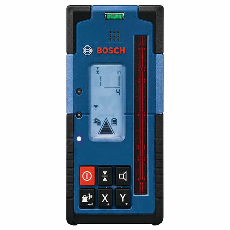 Front view of the BOSCH LR40 Rotary Laser Receiver, showing the LED indicator on the left side illuminated blue, signaling that the laser beam has been detected.