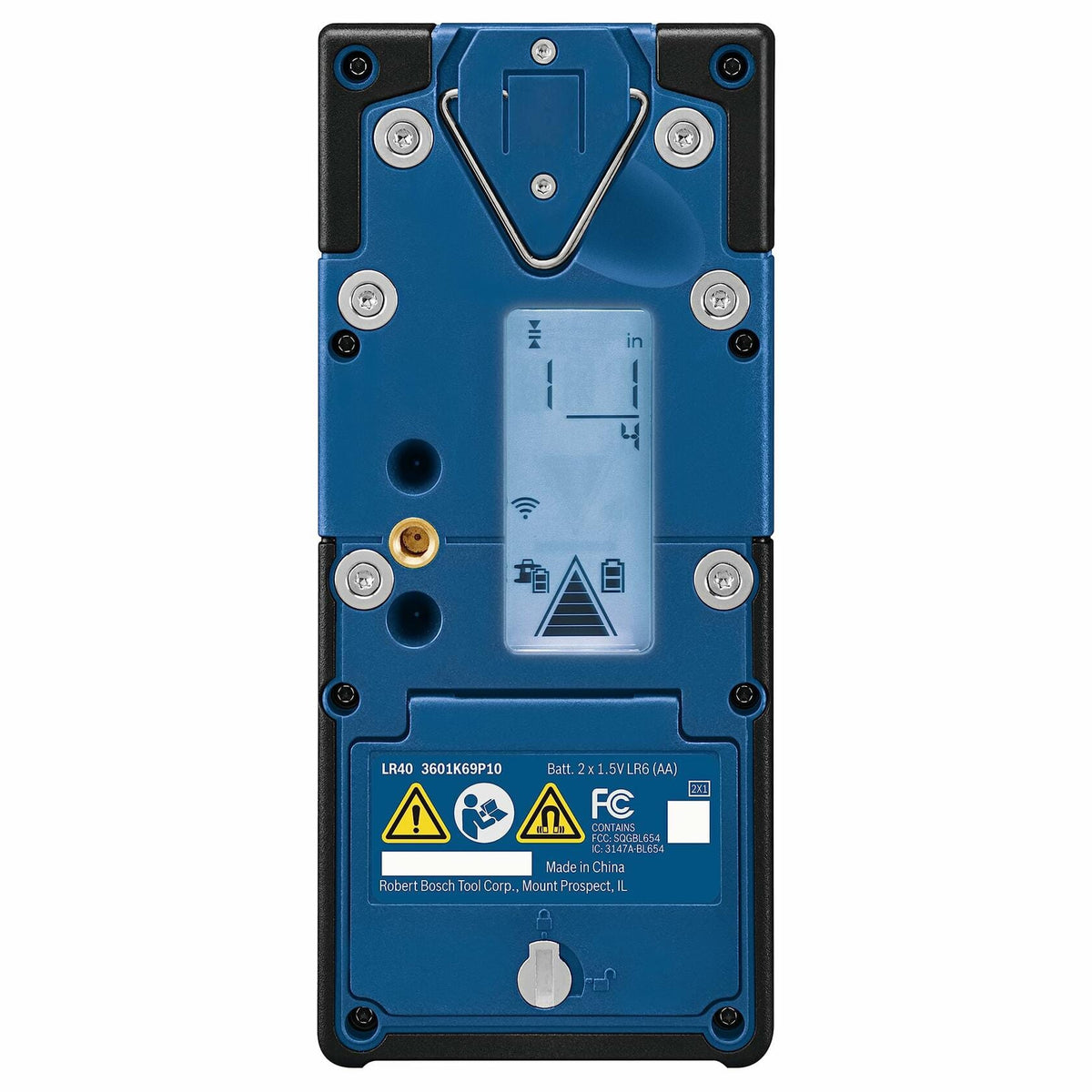 Rear view of the BOSCH LR40 Rotary Laser Receiver, showing the backlit LCD screen displaying the "on-grade" position, measurement units, battery level, and wireless signal indicator.