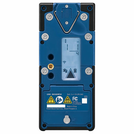 Rear view of the BOSCH LR40 Rotary Laser Receiver, showing the backlit LCD screen displaying the "on-grade" position, measurement units, battery level, and wireless signal indicator.