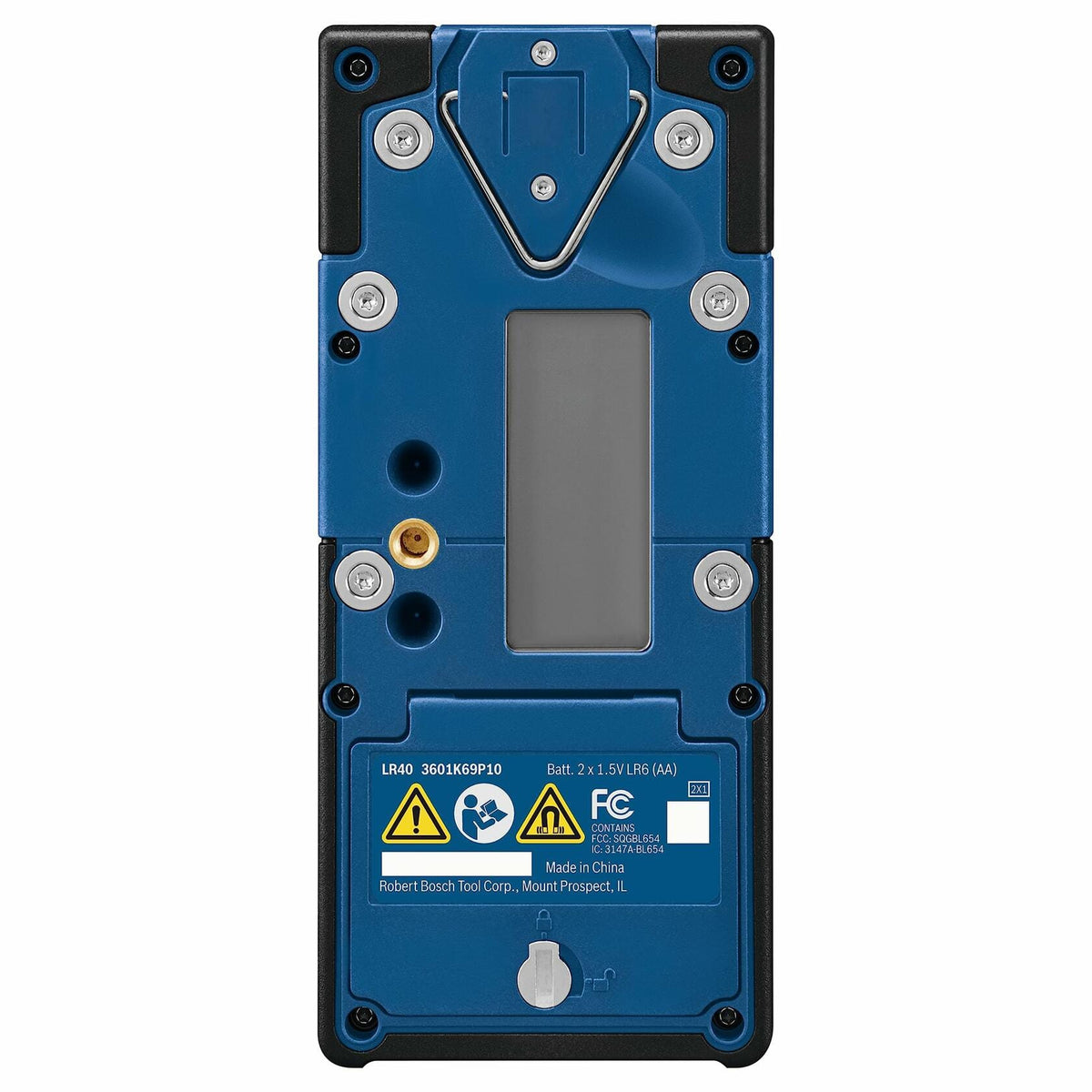 Rear view of the BOSCH LR40 Rotary Laser Receiver, showing the battery compartment door, the LR40 model number, required battery type (2 AA), and compliance logos.