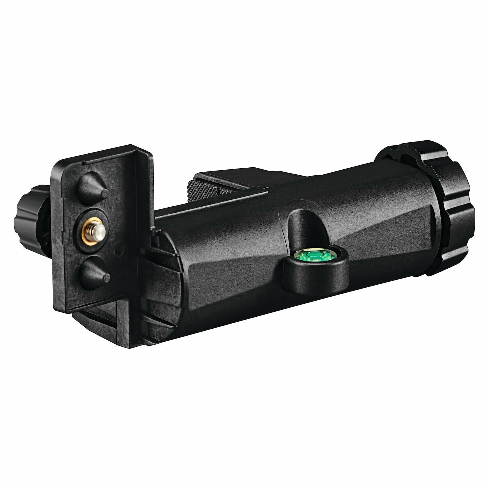 Close-up of the black plastic mounting bracket accessory for the BOSCH LR40 Receiver, featuring an integrated level bubble and adjustment knobs for attaching to a grade rod.