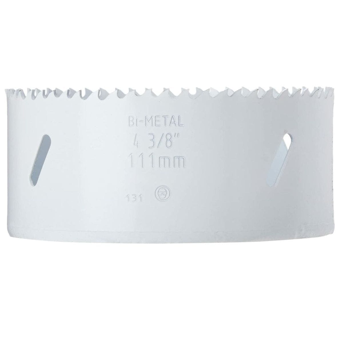 A side-profile product studio shot of the white BOSCH HB436 4-3/8 Inch Bi-Metal Hole Saw against a white background, highlighting its sharp Progressor teeth configuration along the top rim, elongated core dust and chip evacuation slots, and laser-etched model details specifying BI-METAL 4 3/8" 111mm.