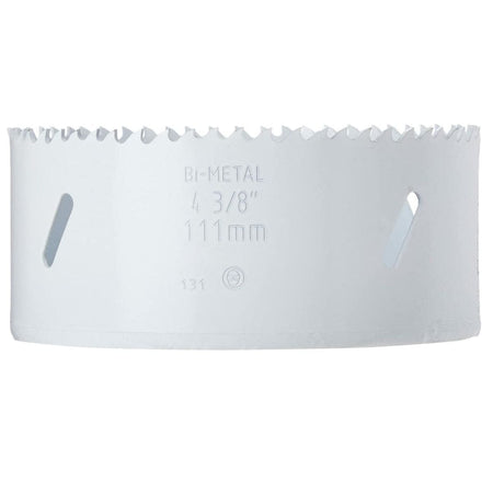 A side-profile product studio shot of the white BOSCH HB436 4-3/8 Inch Bi-Metal Hole Saw against a white background, highlighting its sharp Progressor teeth configuration along the top rim, elongated core dust and chip evacuation slots, and laser-etched model details specifying BI-METAL 4 3/8" 111mm.
