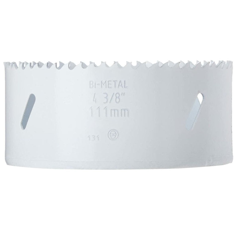 A side-profile product studio shot of the white BOSCH HB436 4-3/8 Inch Bi-Metal Hole Saw against a white background, highlighting its sharp Progressor teeth configuration along the top rim, elongated core dust and chip evacuation slots, and laser-etched model details specifying BI-METAL 4 3/8" 111mm.