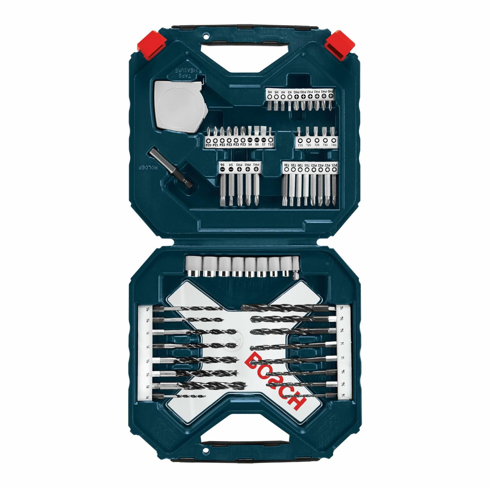 An overhead view of the open BOSCH 91-piece Drill and Drive Set case, displaying the full assortment of driver bits, drill bits, and accessories organized within the blue storage container.