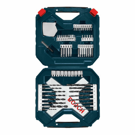 An overhead view of the open BOSCH 91-piece Drill and Drive Set case, displaying the full assortment of driver bits, drill bits, and accessories organized within the blue storage container.