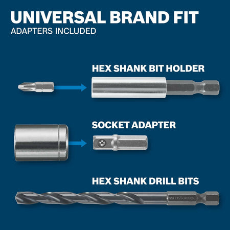 A graphic showing universal brand fit adapters included in the kit: Hex Shank Bit Holder, Socket Adapter, and Hex Shank Drill Bits.