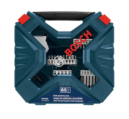 Top-down view of the closed BOSCH Drill and Drive Set case, showing the red and black handle and the BOSCH logo.