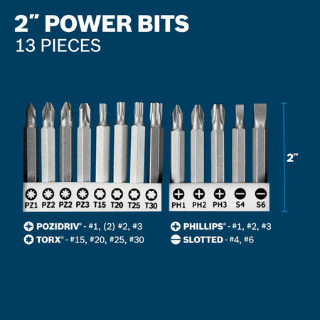 A close-up view of 13 two-inch long power driver bits, including POZIDRIV, TORX, PHILLIPS, and SLOTTED types, with their size labels below.